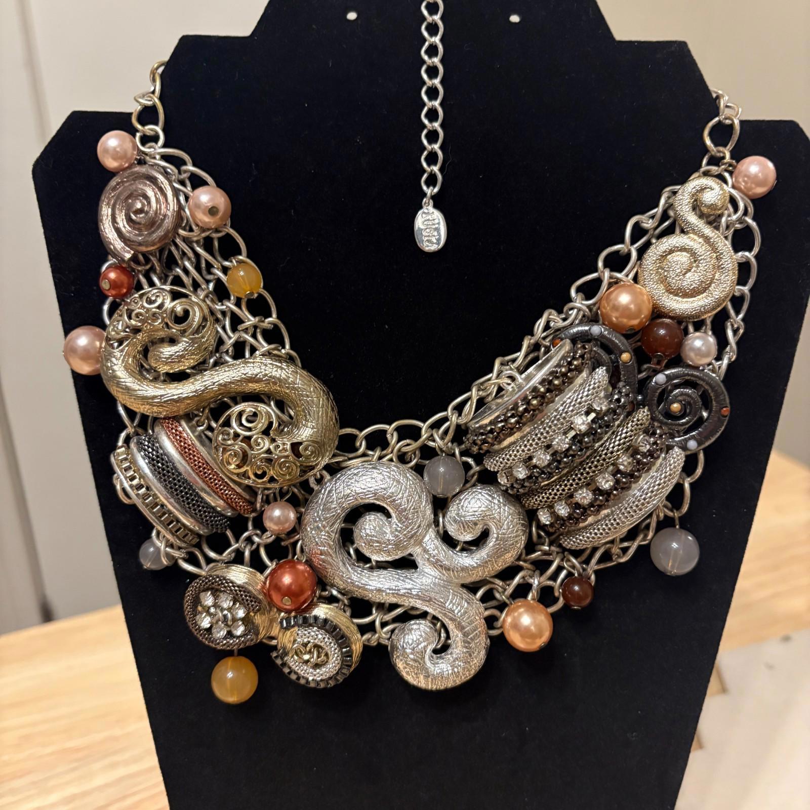 Vintage Lucia Chunky Bib Metal Statement Necklace Gold Tone Silver Tone Beads